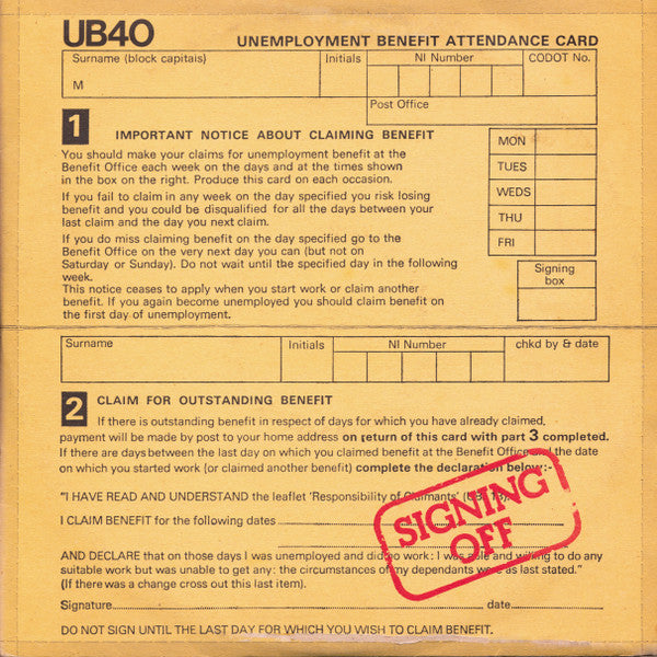 UB40 - Signing Off - Used - LP - Stereo - 33 ⅓ RPM - 1980 Reissue VG/VG