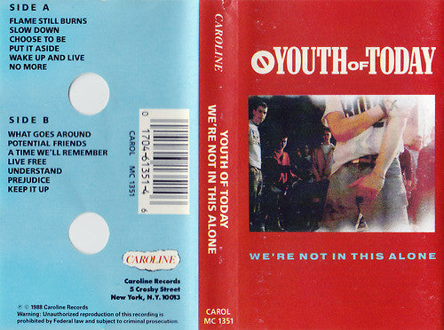 Youth Of Today - We're Not In This Alone - Used 1988 Cassette - VG+/VG