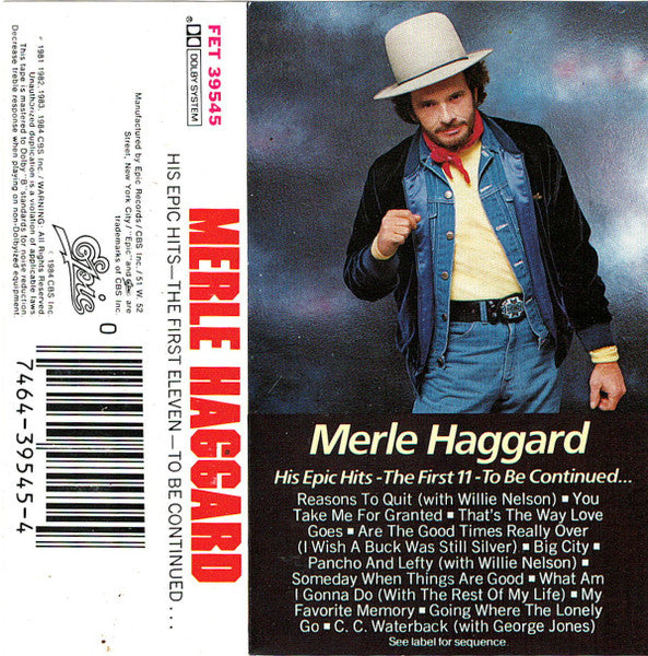 Merle Haggard - His Epic Hits - The First 11 - To Be Continued... - Used Cassette 1984 Reissue VG+/VG+
