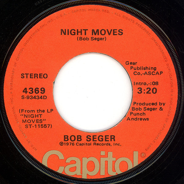 Bob Seger - Night Moves - Used - 7" Single - Stereo - 45 RPM - 1976 VG/VG